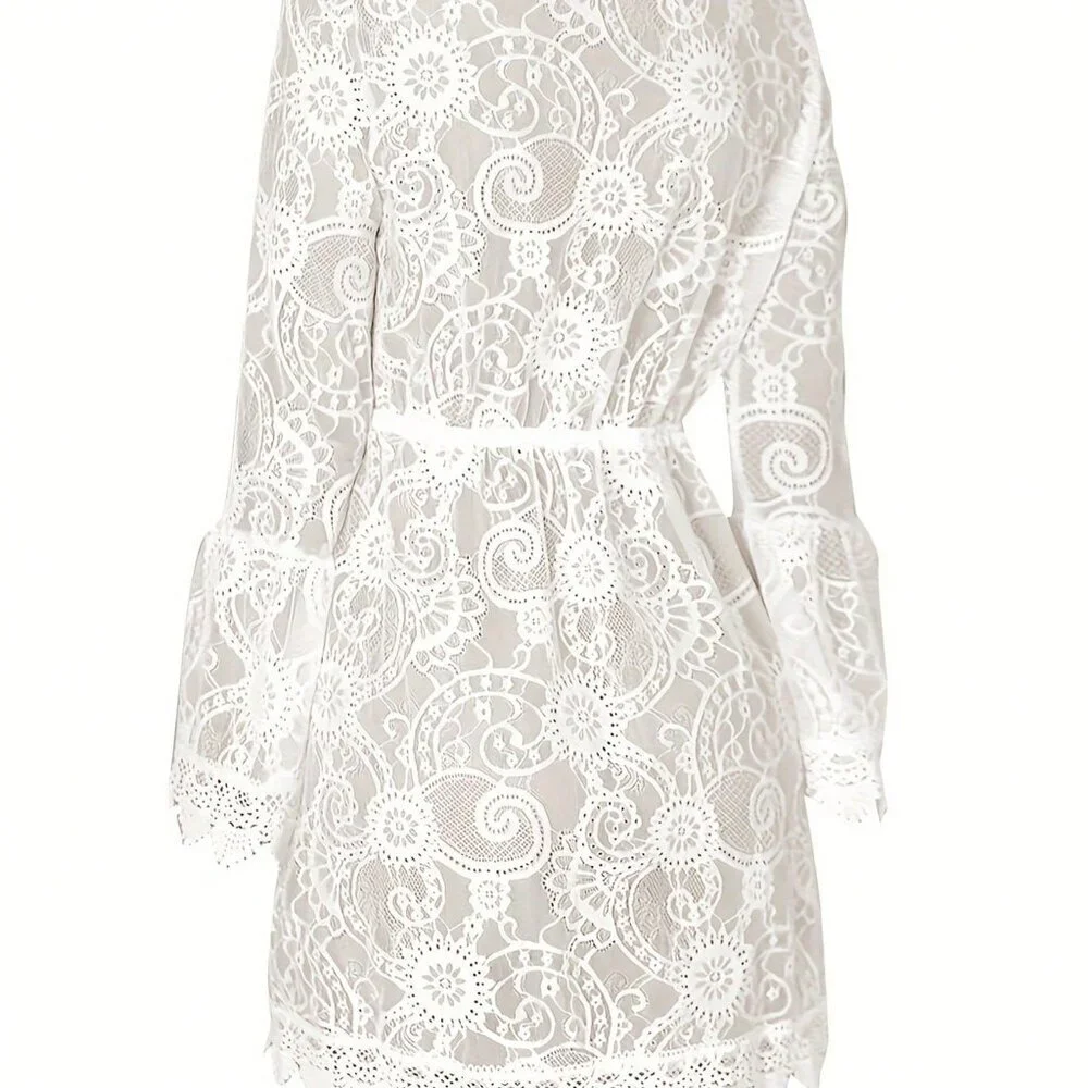 White Boho Women's Solid Color Lace Panel Deep V Neck Dress - Picture 3 of 5